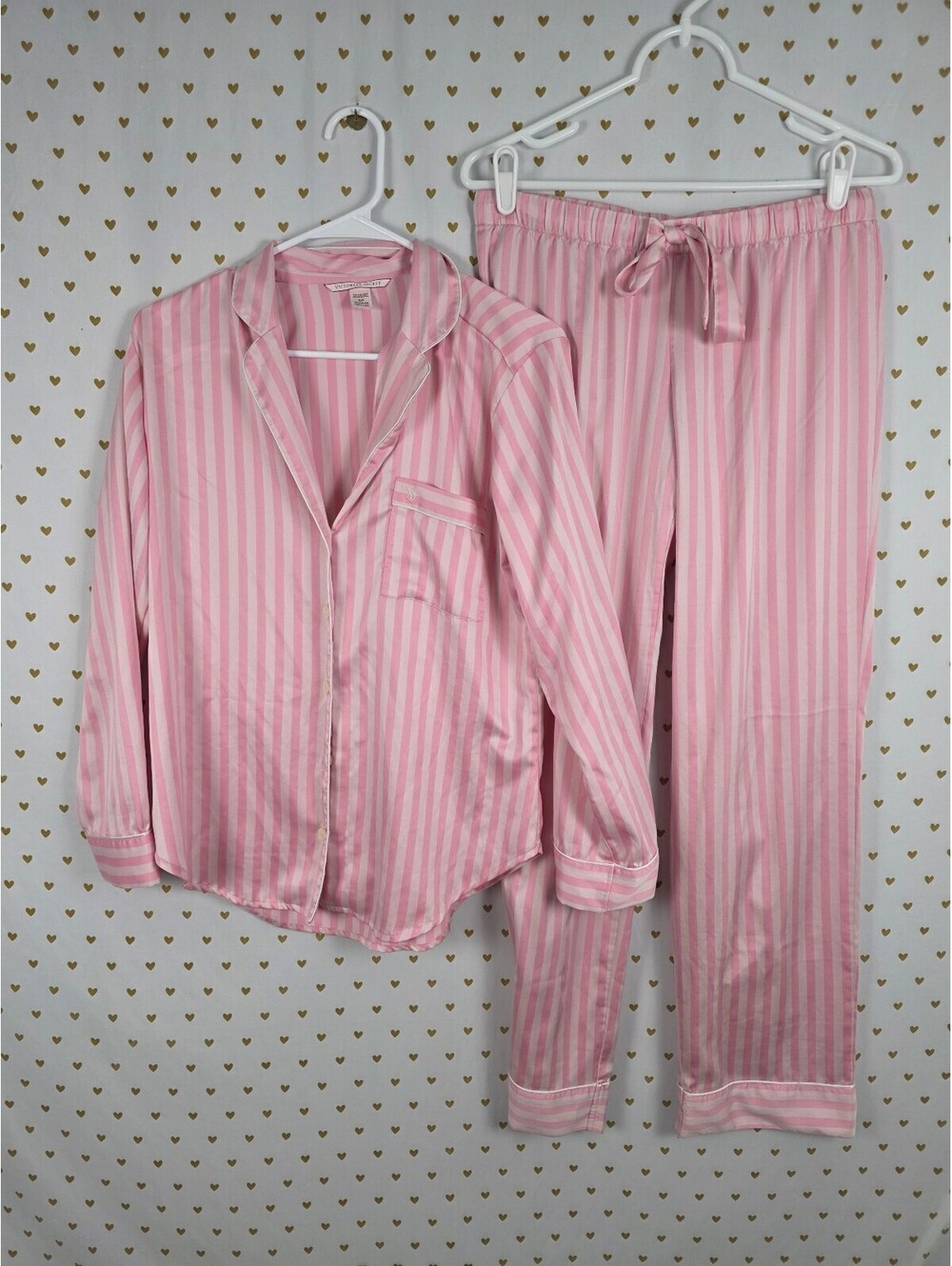 Victorias Secret Striped Satin Silky Iconic Sleep Set Shirt Pants Small
